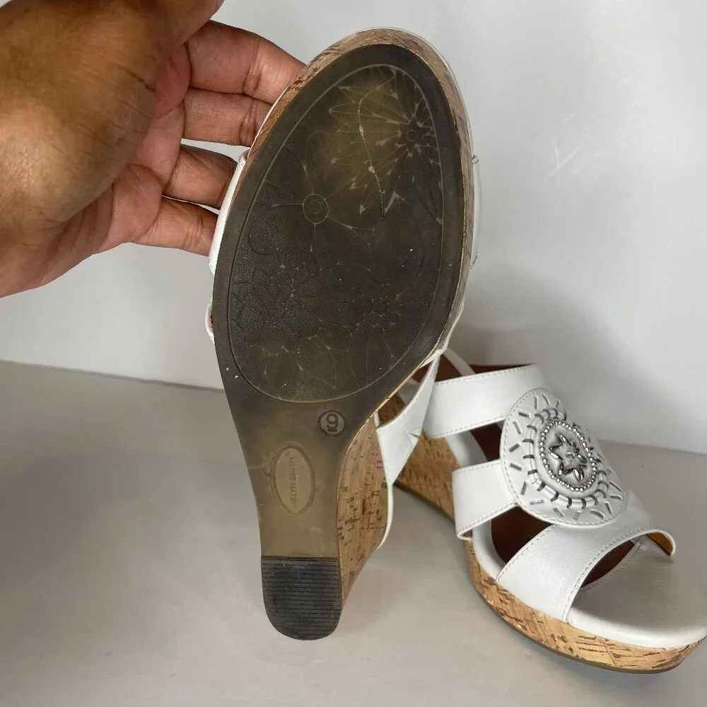 Jaclyn Smith White Medallion Cork Wedge Sandals Size 9